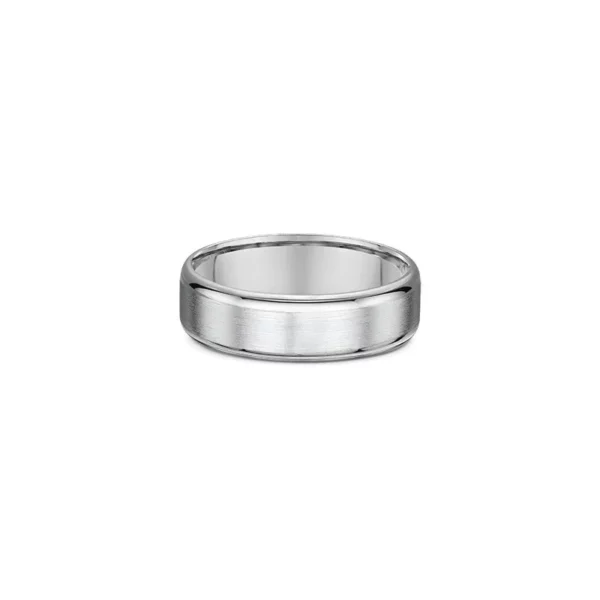 One plain silver band ring. The ring features a beveled edge and there is a matte finish in the center of the band.