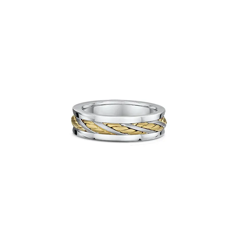 One silver band ring featuring a gold knot pattern along its band.