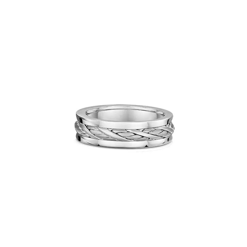 One silver band ring featuring a knot pattern along its band.