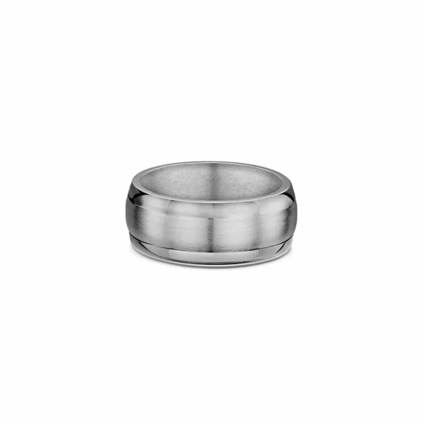One plain titanium band ring. The ring features a beveled edge and there is a matte finish in the center of the band.
