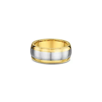 One plain gold band ring. The ring features a beveled edge and there is a silver matte finish in the center of the band.
