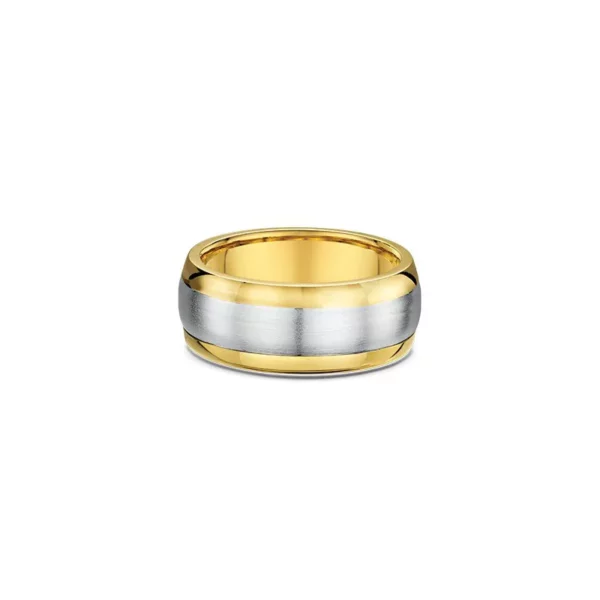 One plain gold band ring. The ring features a beveled edge and there is a silver matte finish in the center of the band.