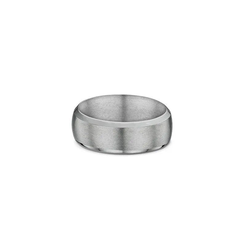 One plain band titanium ring. The ring features a beveled edge and a matte finish subtle darker shade or greyish hue, directly facing the camera.