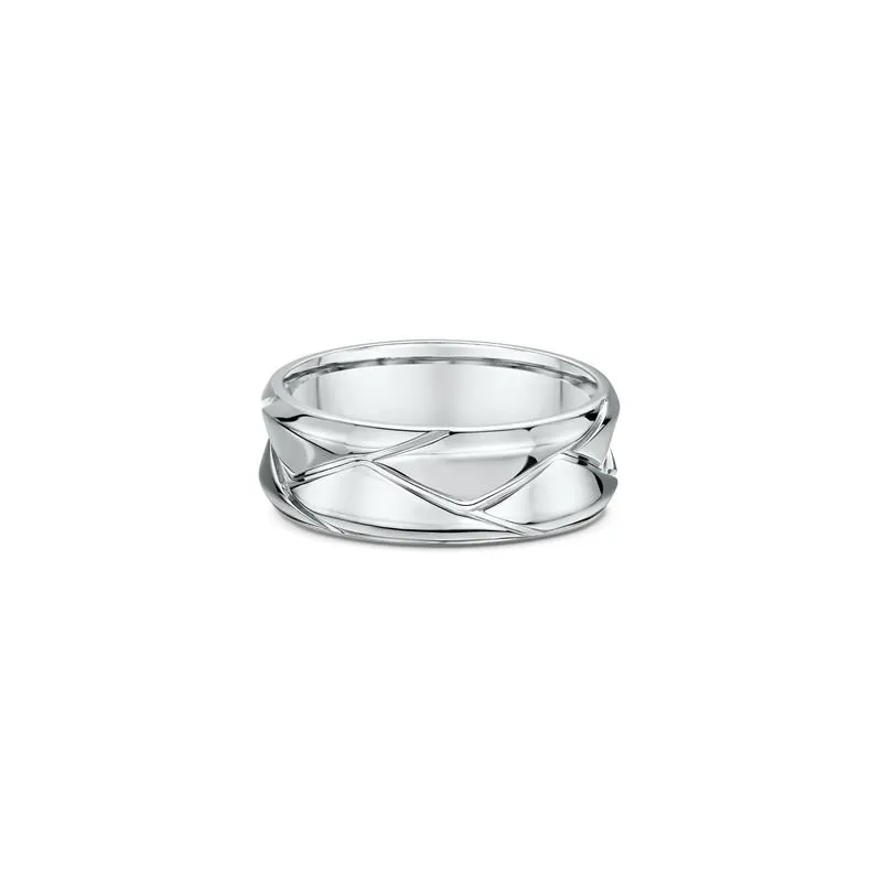 One silver band ring featuring cut pattern along its band. The ring boasts an illusion curve.
