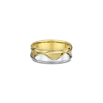 One band ring combines gold and silver shades, featuring cut pattern along its band.