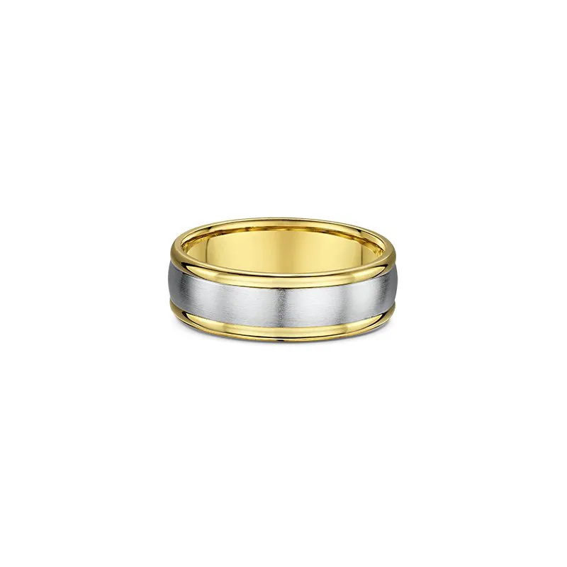One plain gold band ring. The ring features a silver finish in the center of the band.