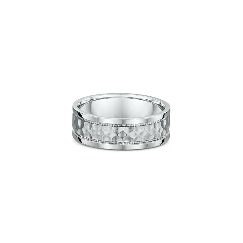 One silver ring with a band design that features a bevelled edge pattern on the center surface of the band.