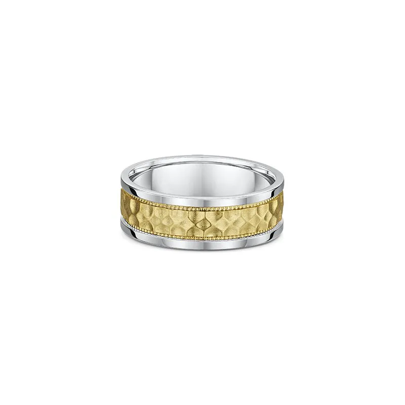 One silver ring with a band design that features a gold bevelled edge pattern on the center surface of the band.