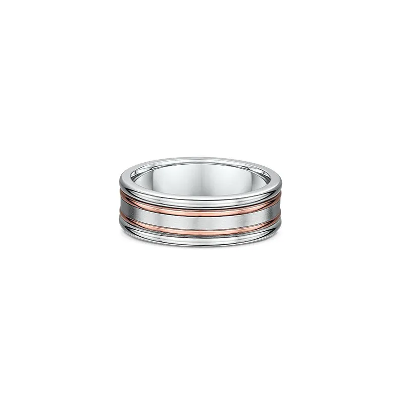 One silver band ring with a band design that features two rose silver lines.The silver composition of the ring lends it a bright and reflective appearance, directly facing the camera.