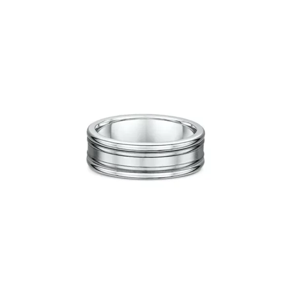 One silver band ring with a band design that features two silver lines.The silver composition of the ring lends it a bright and reflective appearance, directly facing the camera.
