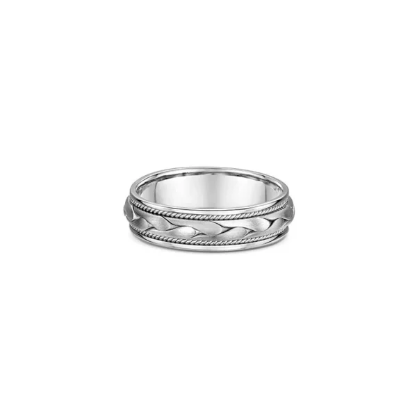 One silver ring with a titanium thick braided knot pattern on the center bands, directly facing the camera.