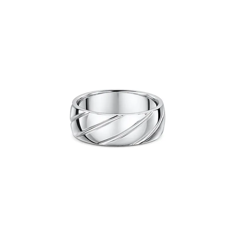 One silver band ring with a band design that features slanted cut lines pattern.The silver composition of the ring lends it a bright and reflective appearance, directly facing the camera.