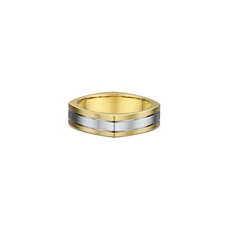 One titanium band ring with flat edges creates a square-shaped finish on the band. There are two horizontal lines encircling the ring.