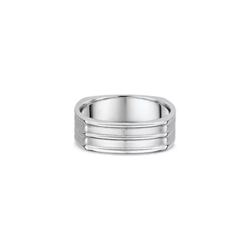 One silver ring with a band design that features three plated horizontal lines patterned on its flat surfaced.