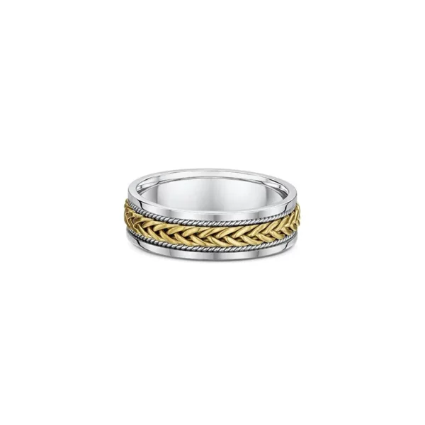 One silver ring with a gold thin braided knot pattern on the center bands, directly facing the camera.