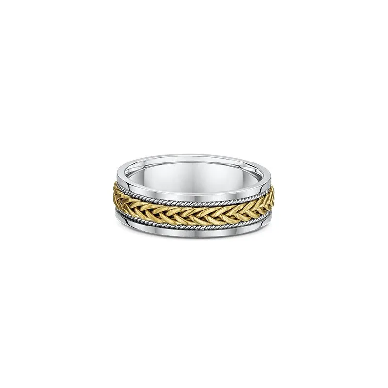 One silver ring with a gold thin braided knot pattern on the center bands, directly facing the camera.