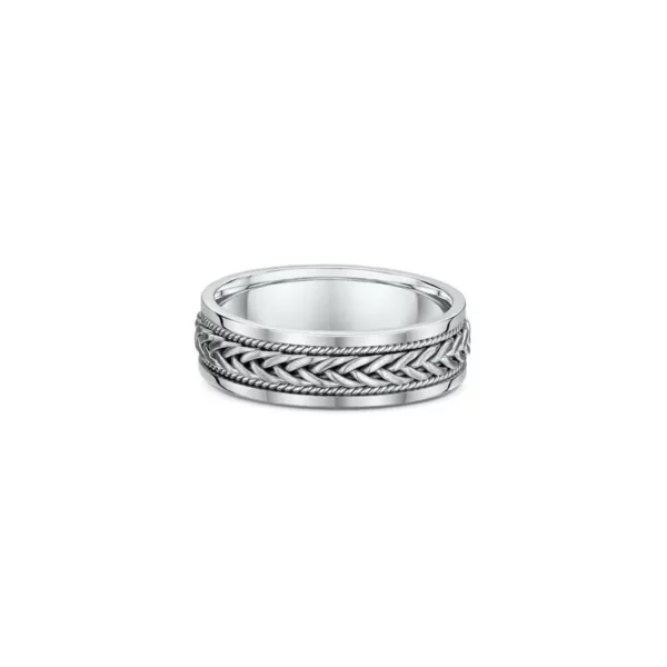 One silver ring with a thin braided knot pattern on the center bands, directly facing the camera.