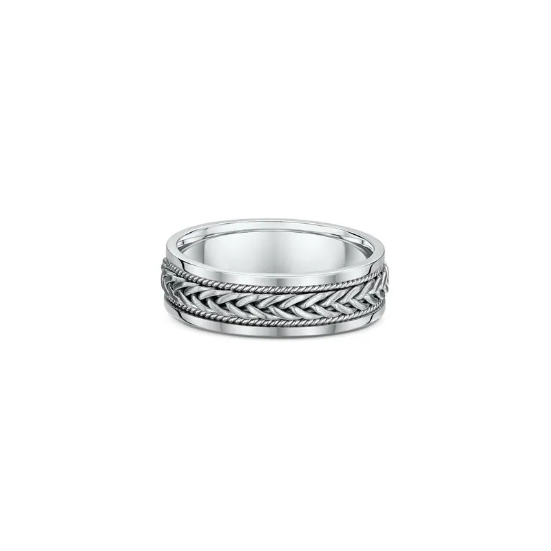 One silver ring with a thin braided knot pattern on the center bands, directly facing the camera.