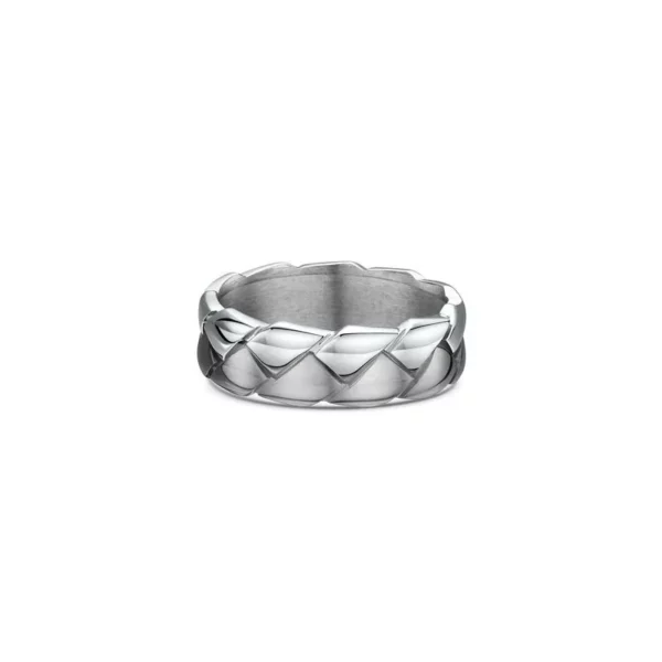 One silver ring featuring a braided cut pattern along its band.
