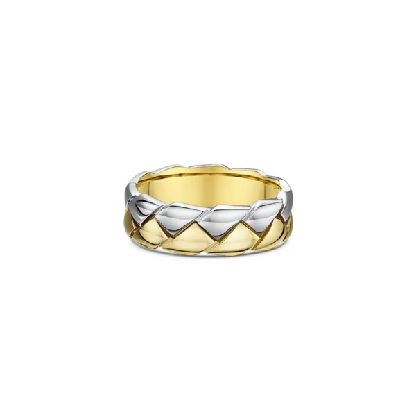One band combines gold and silver shades, featuring a braided cut pattern along its band.