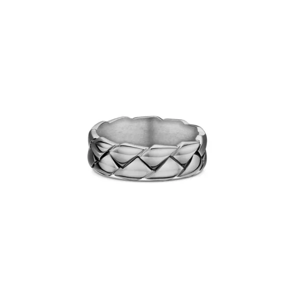 One titanium band ring featuring a braided cut pattern along its band.