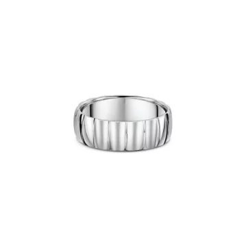 One silver band ring featuring a chunk pattern along its surface. The silver composition of the ring lends it a bright and reflective appearance, directly facing the camera.