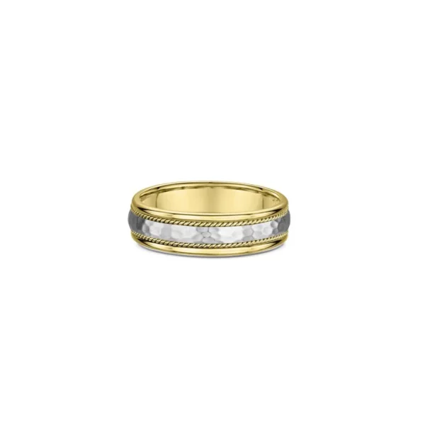One gold ring with a band design that features two horizontal rope pattern with a silver bevelled edge pattern on the center surface of the band.
