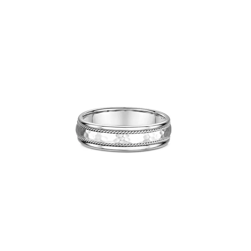 One silver ring with a band design that features two titanium horizontal rope pattern with a bevelled edge pattern on the center surface of the band.