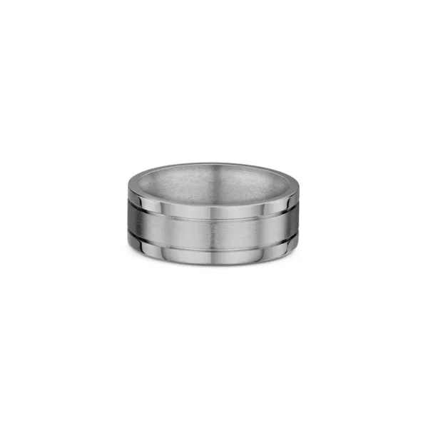 One titanium ring with a band design that features two horizontal lines pattern encircling the ring. The titanium ring has a subtle darker shade or greyish hue, directly facing the camera.