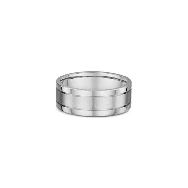 One silver band ring with a band design that features two horizontal lines pattern encircling the ring.The silver composition of the ring lends it a bright and reflective appearance, directly facing the camera.