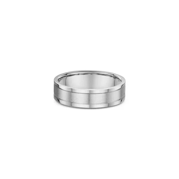 One silver ring with a band design that features two horizontal lines pattern encircling the ring.The silver composition of the ring lends it a bright and reflective appearance, directly facing the camera.