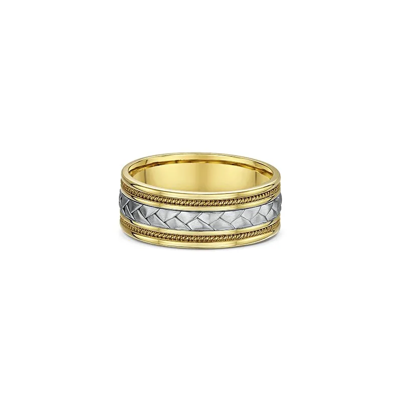 One gold ring with a band design that features two gold horizontal rope design with a silver thick braided knot pattern on the center bands.