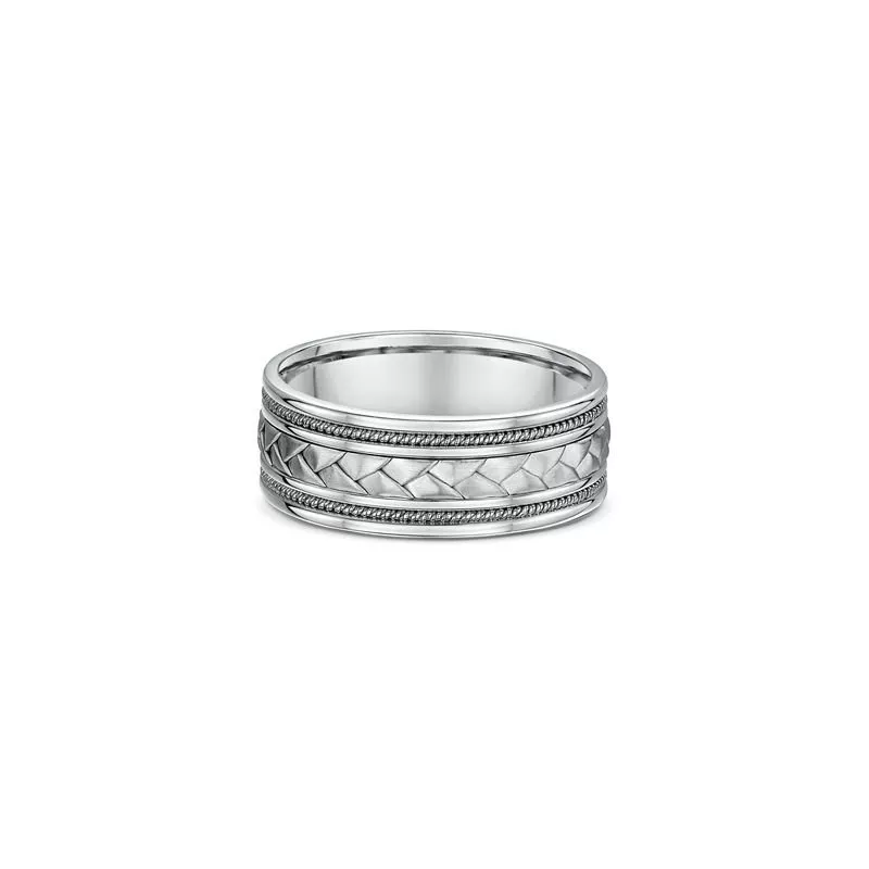 One silver ring with a band design that features two titanium horizontal rope design with a thick braided knot pattern on the center bands.