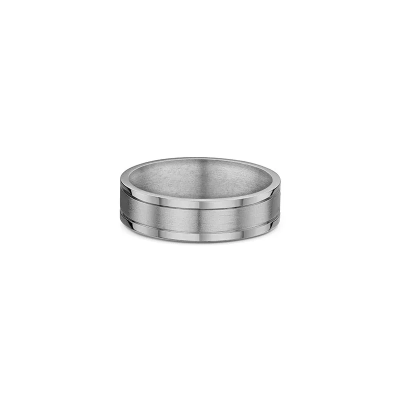 One titanium ring with a band design that features two horizontal lines pattern encircling the ring. The titanium ring has a subtle darker shade or greyish hue, directly facing the camera.