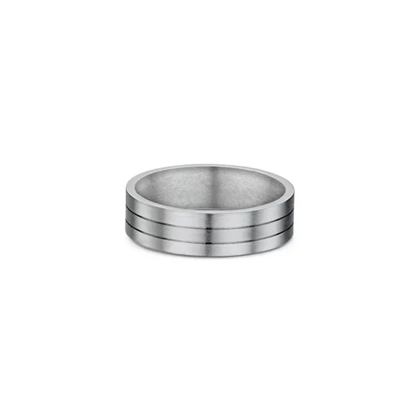 One titanium band ring with a band design that features two horizontal lines pattern.The titanium ring has a subtle darker shade or greyish hue, directly facing the camera