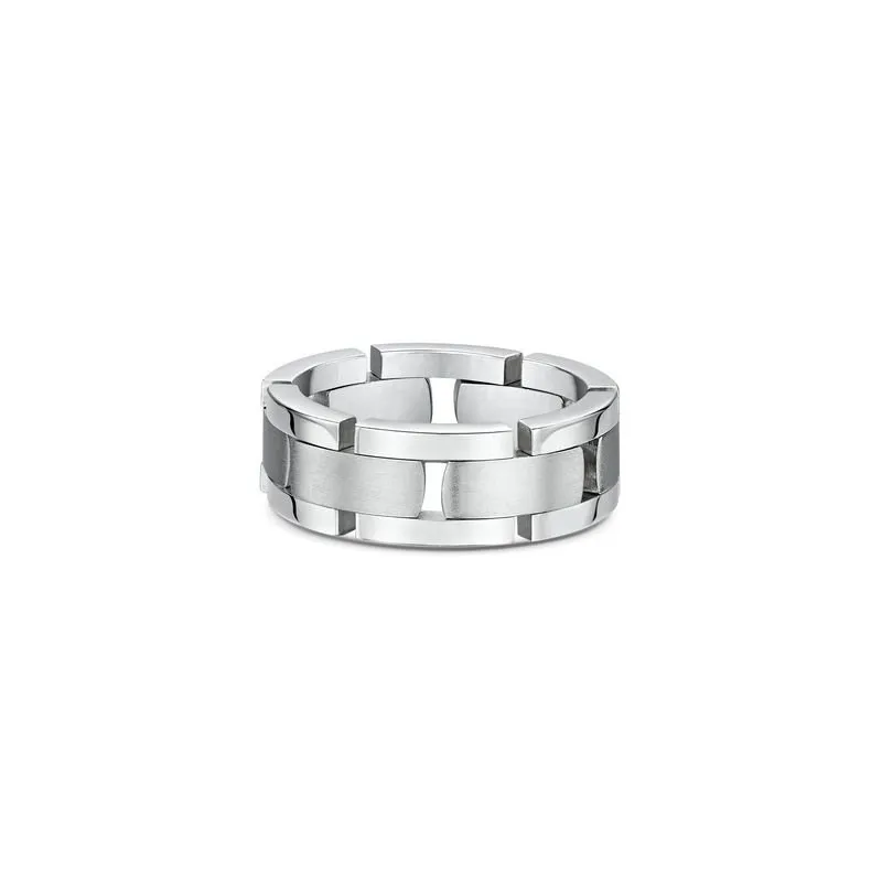 One band ring combines two shades, titanium and silver. The titanium shade occupies the center of the band. The ring features a scattered pattern.