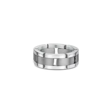 One band ring combines two shades, titanium and silver. The titanium shade occupies the center of the band. The ring features a scattered pattern.