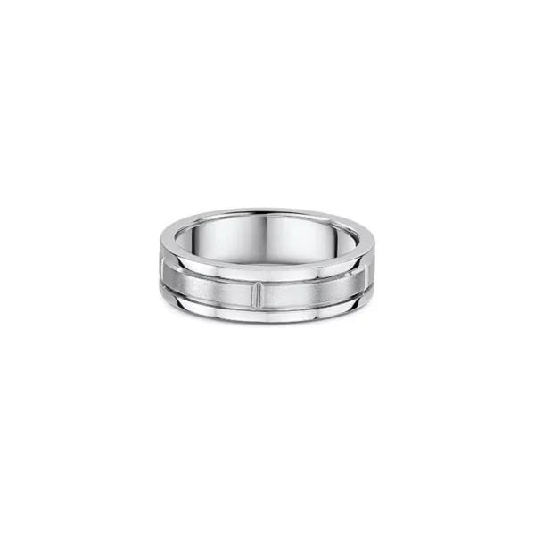 One band ring that combines two shades, titanium and silver. The titanium shade occupies the center of the band features cut lines pattern.