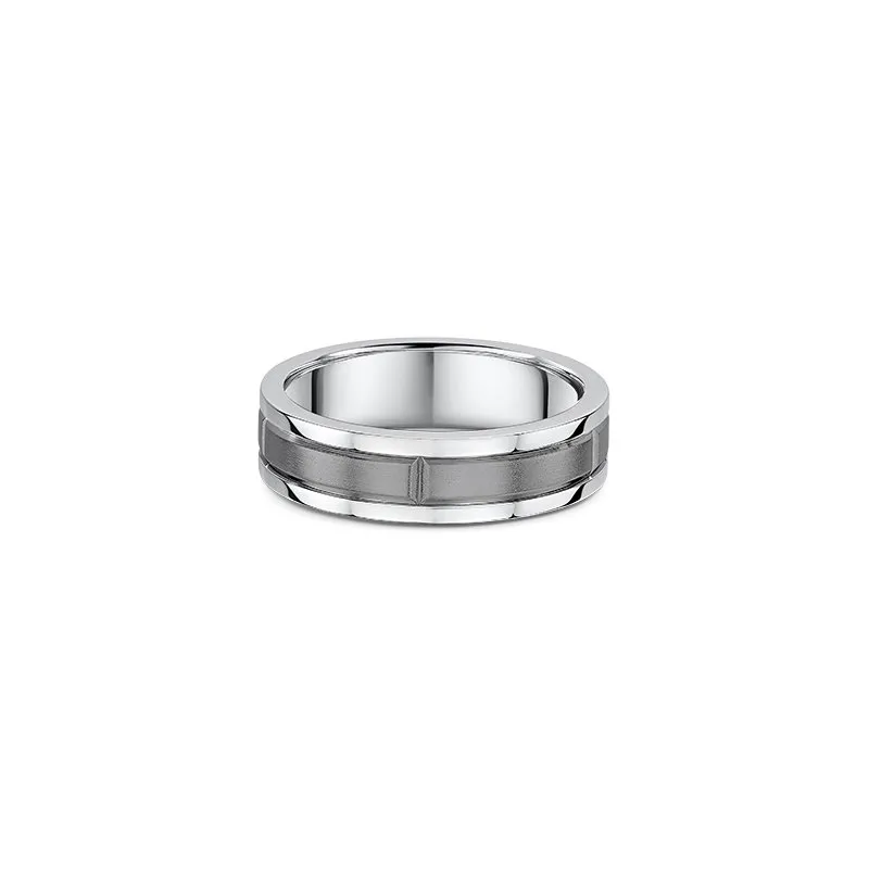 One band ring that combines two shades, titanium and silver. The titanium shade occupies the center of the band features cut lines pattern.