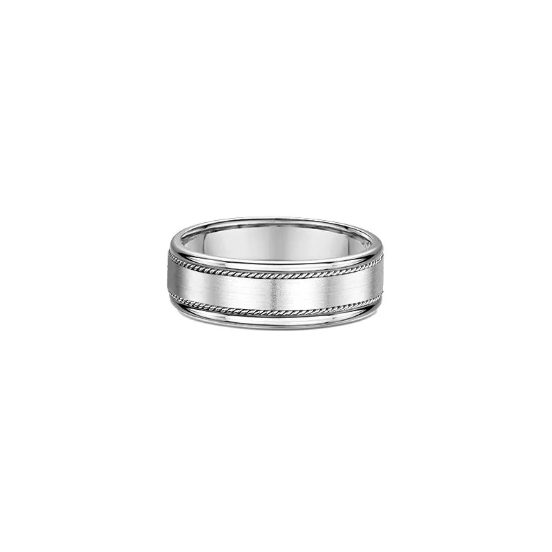 One silver band ring with a band design that features two titanium horizontal rope pattern encircling the ring.