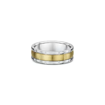 One band ring combines two shades, gold and silver. The gold shade occupies the center of the band, while the silver portion of the ring features a cut lines pattern.
