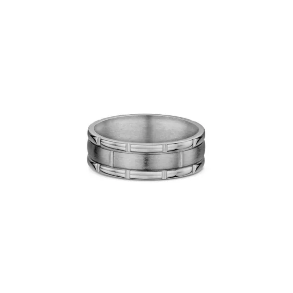 One band ring combines two shades, titanium and silver. The titanium shade occupies the center of the band, while the silver portion of the ring features cut lines pattern.