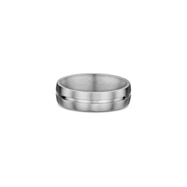 One titanium band ring features a split or divided center design.
