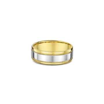 One plain band ring combines two shades, gold, and silver, where the silver shade takes its place at the center of the band. The ring directly facing the camera.