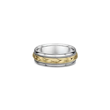 One silver ring with a gold thick braided knot pattern on the center bands, directly facing the camera.