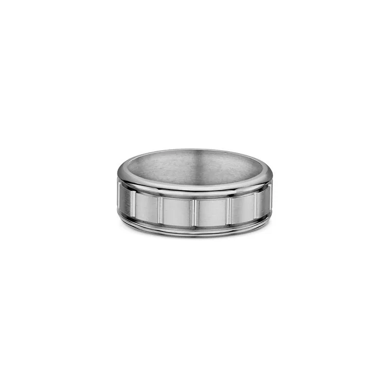 One titanium band ring with a band design that features vertical lines pattern.The titanium ring has a subtle darker shade or greyish hue, directly facing the camera.