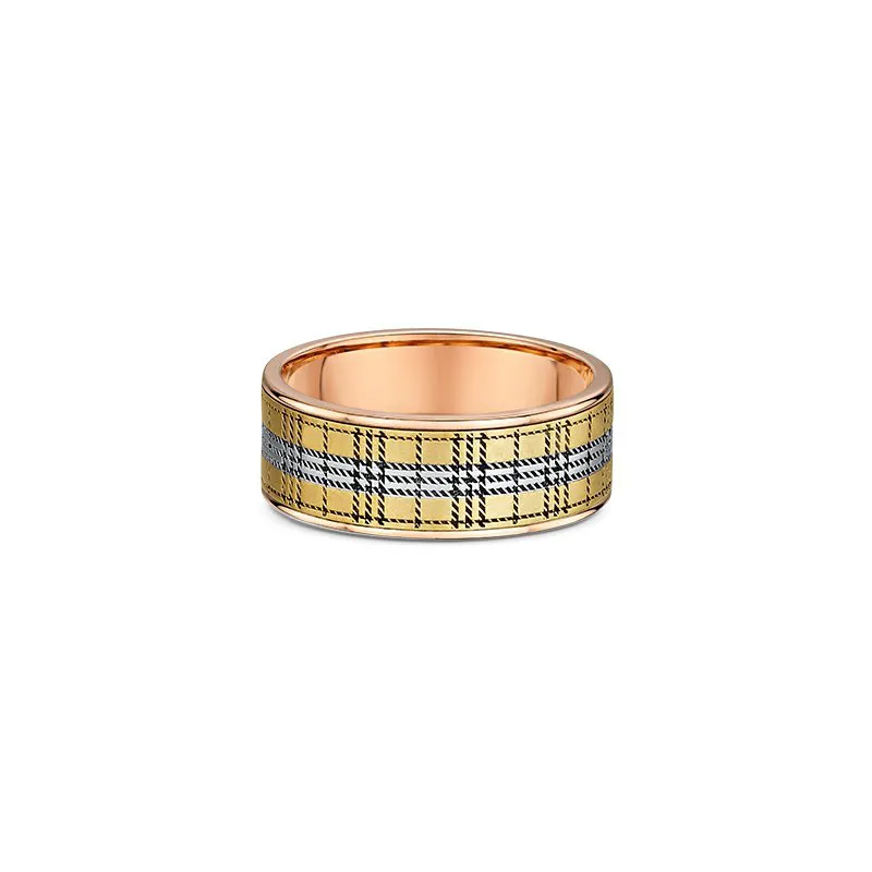 One rose gold ring. The ring is adorned with the Burberry plaid pattern.