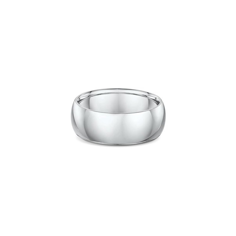 One plain band silver ring. The composition of the ring lends it a bright and reflective appearance, directly facing the camera.