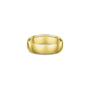 One plain band gold ring has a subtle yellow hue, directly facing the camera