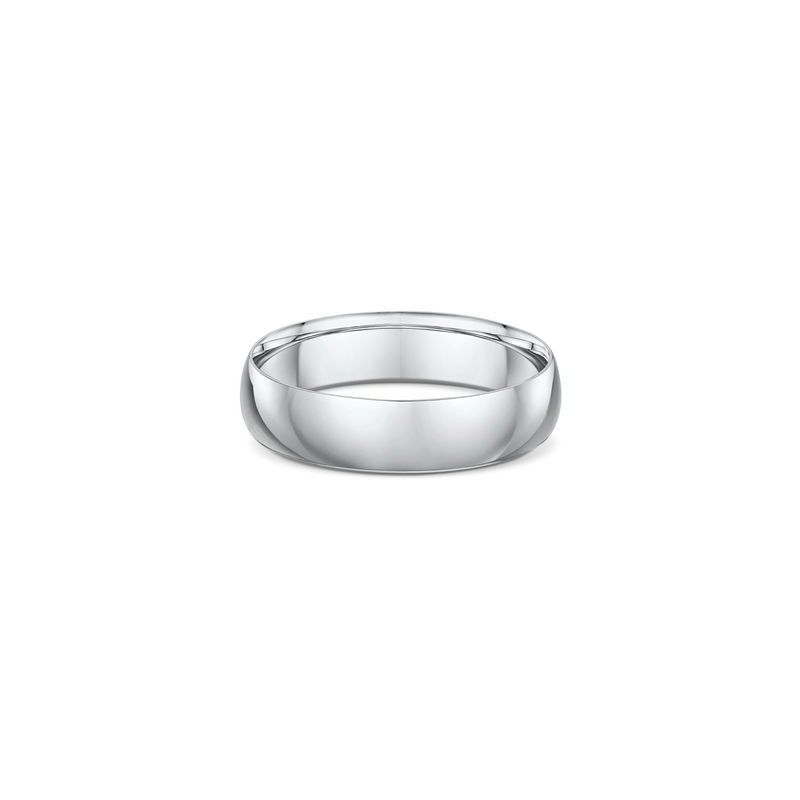 One plain band silver ring. The silver composition of the ring lends it a bright and reflective appearance, directly facing the camera.